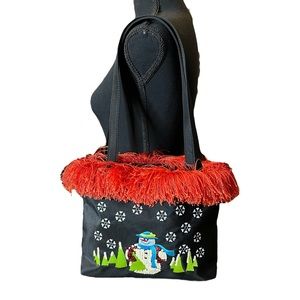 Black Holiday Purse Winter Bag Sequined Snowman & Trees Red Fringe Snap Closure